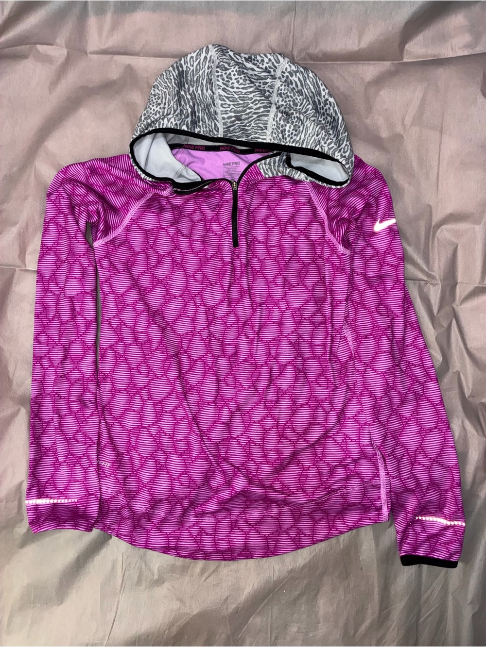 Nike Pink Patterned Quarter-Zip Hooded Performance Top